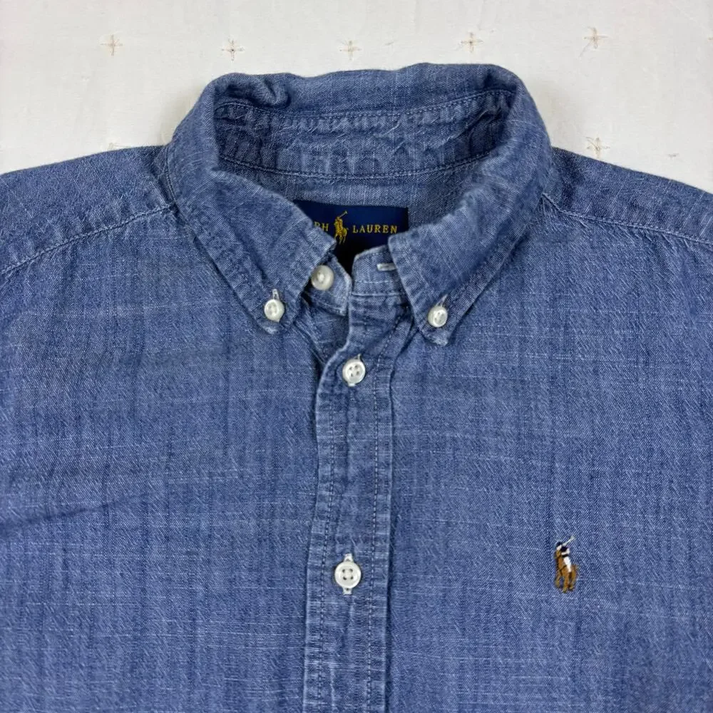 Ralph Lauren Chambray Button Down Shirt Boys 7 Blue Denim Preppy Americana